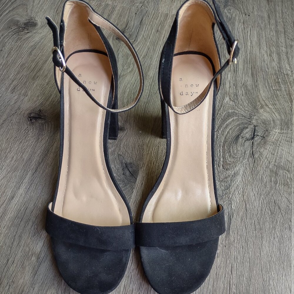 Black block heeled, ankle strap, open toe sandal